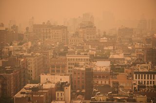 East-facing view of Manhattan’s Soho neighborhood under orange-tinted sky