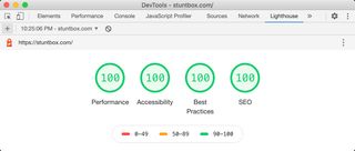 Screenshot of Lighthouse test results showing a perfect score